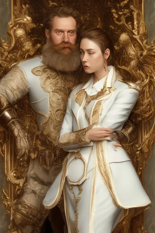 8K, a Highly detailed stunning portrait of Dom man with a kneeling submissive woman, white suit, beard, and short hair, bad boy