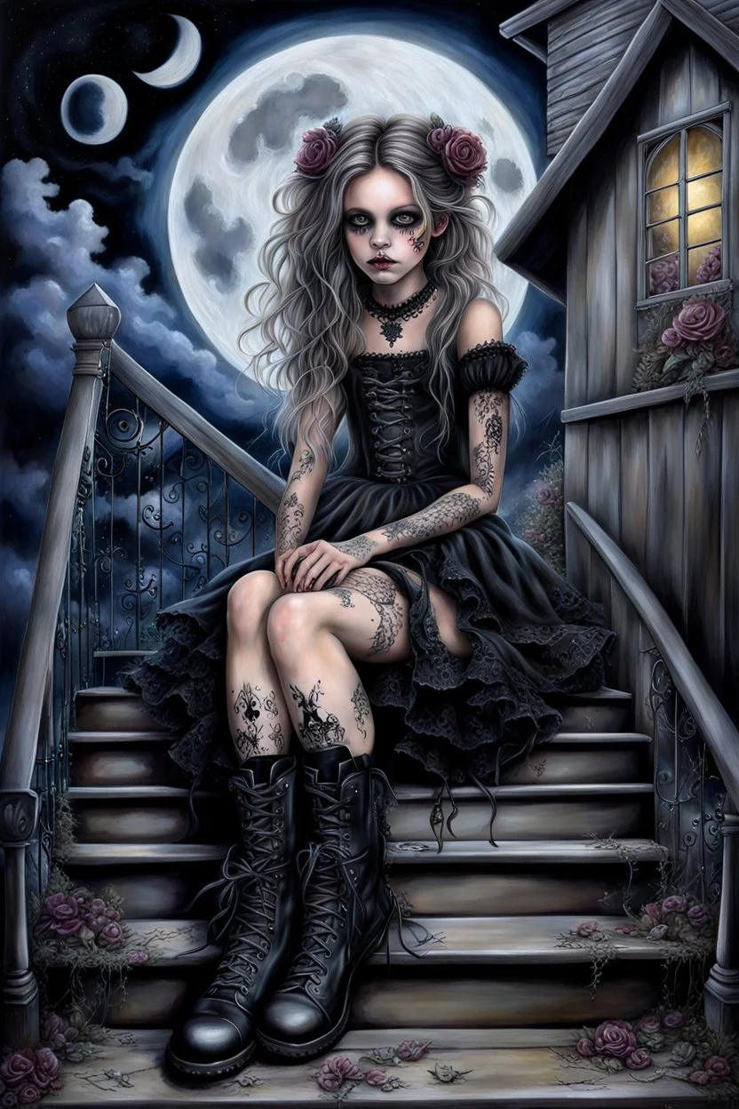 airbrushed oil painting, whimsical, gothic style, teenage girl, rosy cheeks, a laced dress, boots, expressive eyes, long lashes, dark eye shadow, delicate tattoes, dark lips, messy hair with hair clips, she is sitting on the stairs of a house in gothic style, full moon, eerie athomosphere