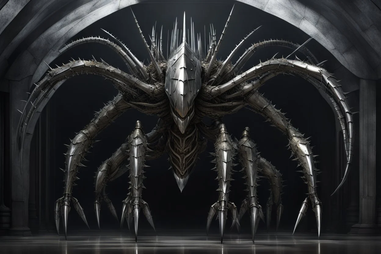 A roughly humanoid entity three meters in height, with a carapace made entirely of a metal resembling chrome steel. It has four arms, with the lower pair being slightly shorter than the upper pair, and four hands tipped with scalpel-like fingerblades. Its body is covered with an array of blades and thorns, including a large curved thorn on its chest, a curving blade on its forehead, another higher up on its head, and rosettes of thorns around its limb joints.