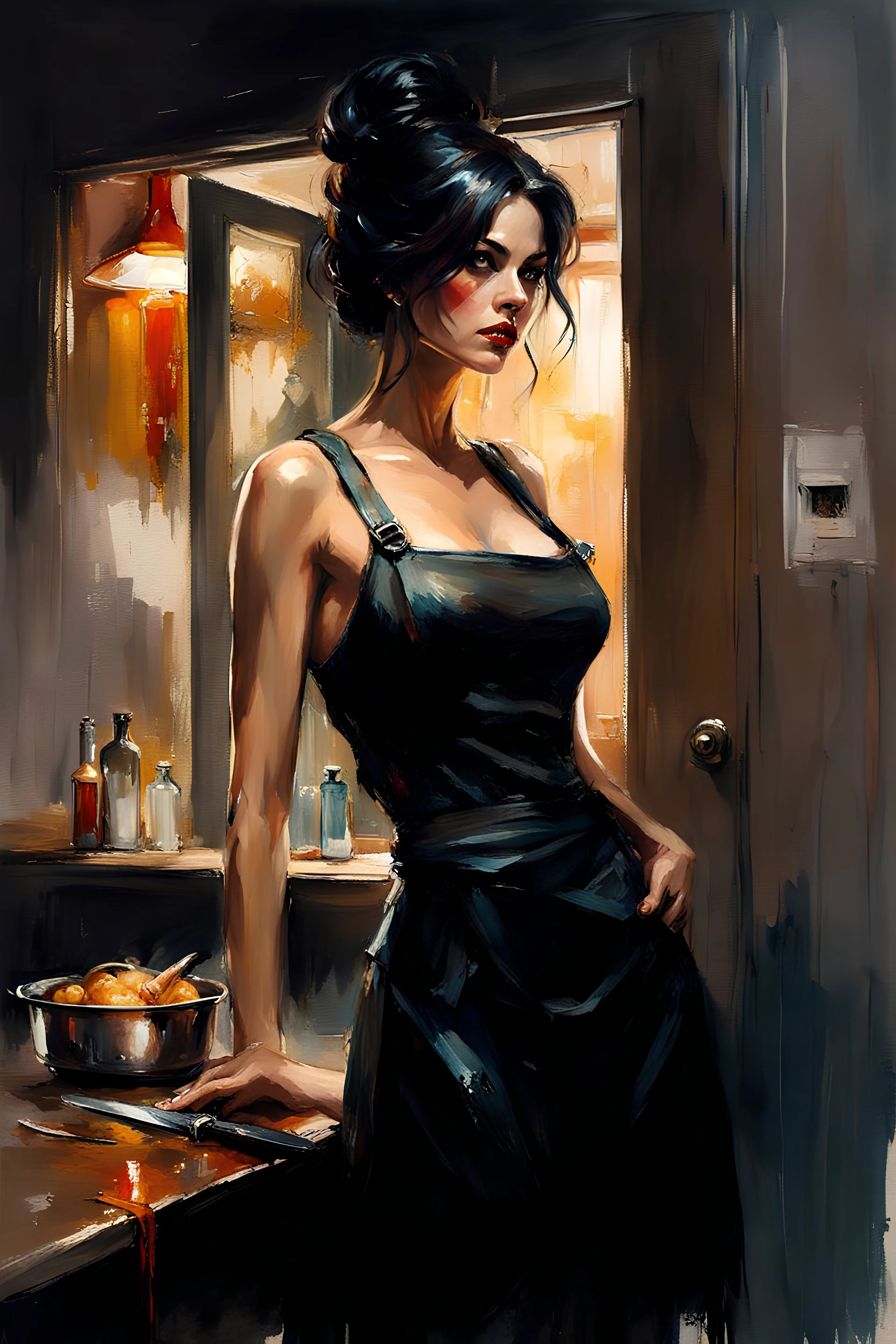dark haired thin curvy woman 30yo with dark eye shaddow and long lashes, wearing a waitress outfit standing by the door to the kitchen in a diner holding a bowie knife :: dark mysterious esoteric atmosphere :: digital matt painting with rough paint strokes by Jeremy Mann + Carne Griffiths + Leonid Afremov, black canvas