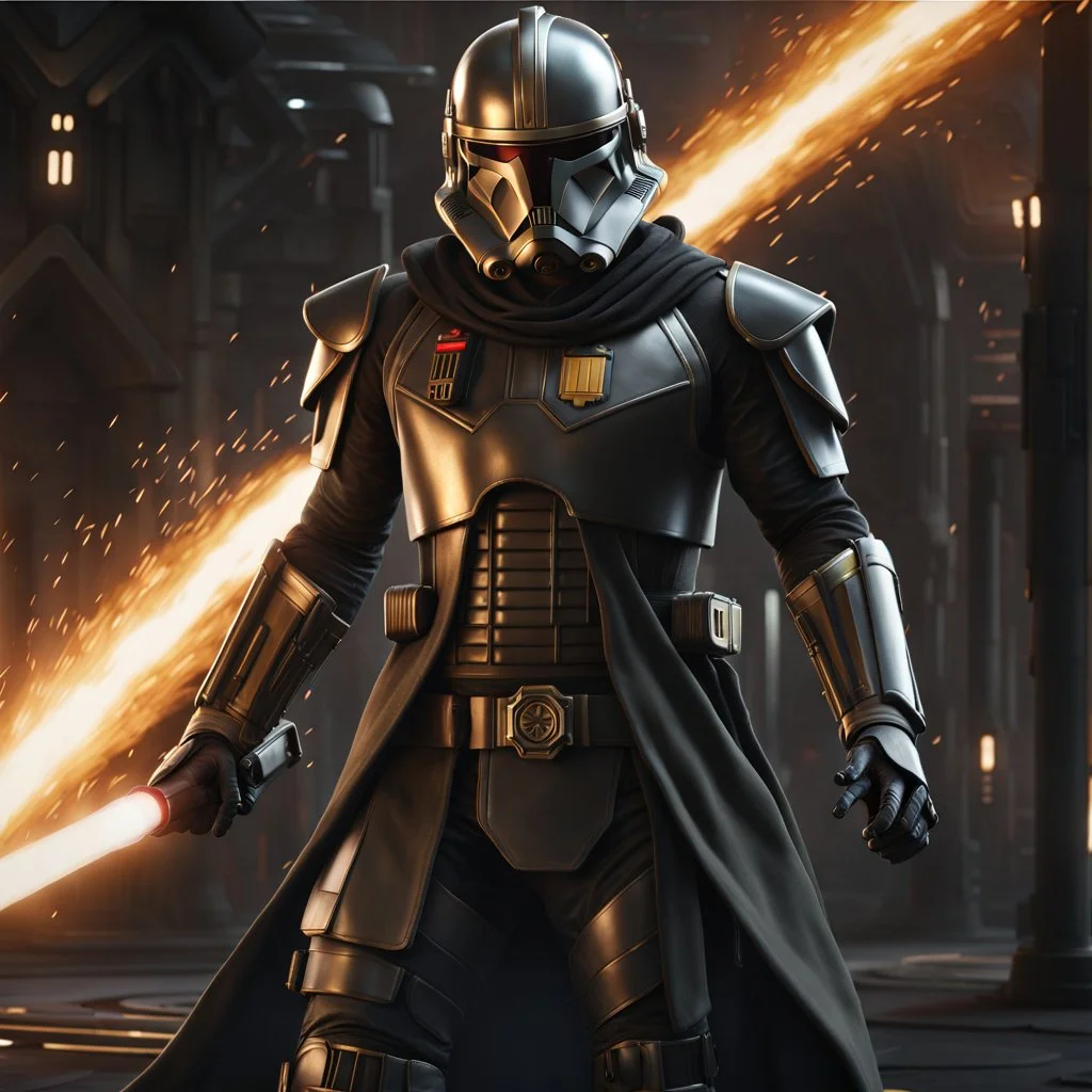 star wars bald male corellian pilot wearing pearlescent black and gunmetal grey First Order special forces heavy assault stealth commando armor and helmet with gold trim inside the jedi temple, hyperdetailed, dynamic lighting, hyperdetailed background, 8k resolution, volumetric lighting, light skin, fully symmetric details