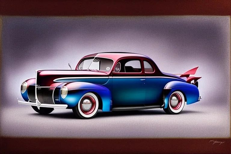 a true-to-life 1940 ford coupe, two-tone paintwork hotrod, classic hotrod wheels, pen and color marker, centered, intricate, extreme detailed, photorealism, center view, 1950s drive-in background, pivot on ford, painting by cheryl kelley