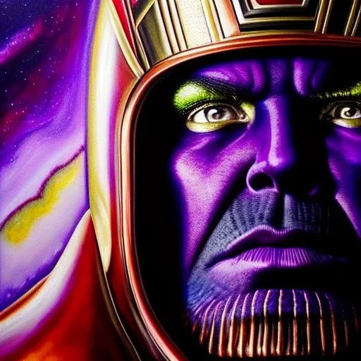 ultra detailed fullbody Portrait in oil on canvas of THANOS weaing RED and BLACK ARMOR ,extremely detailed digital painting, extremely detailed face,crystal clear Big eyes, mystical colors ,perfectly centered image, perfect composition,rim light, beautiful lighting, 8k, stunning scene,extremely sharp detail, finely tuned detail, ultra high definition raytracing, in the style of Simon Bisley and Hyun Suk Lee and Ken Kelley and Ohrai Noriyoshi