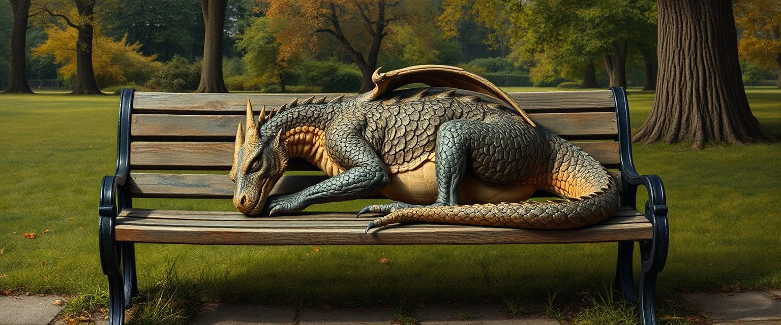 master oil painting by Rembrandt, flat dragon person sleeping on a bench in the park
