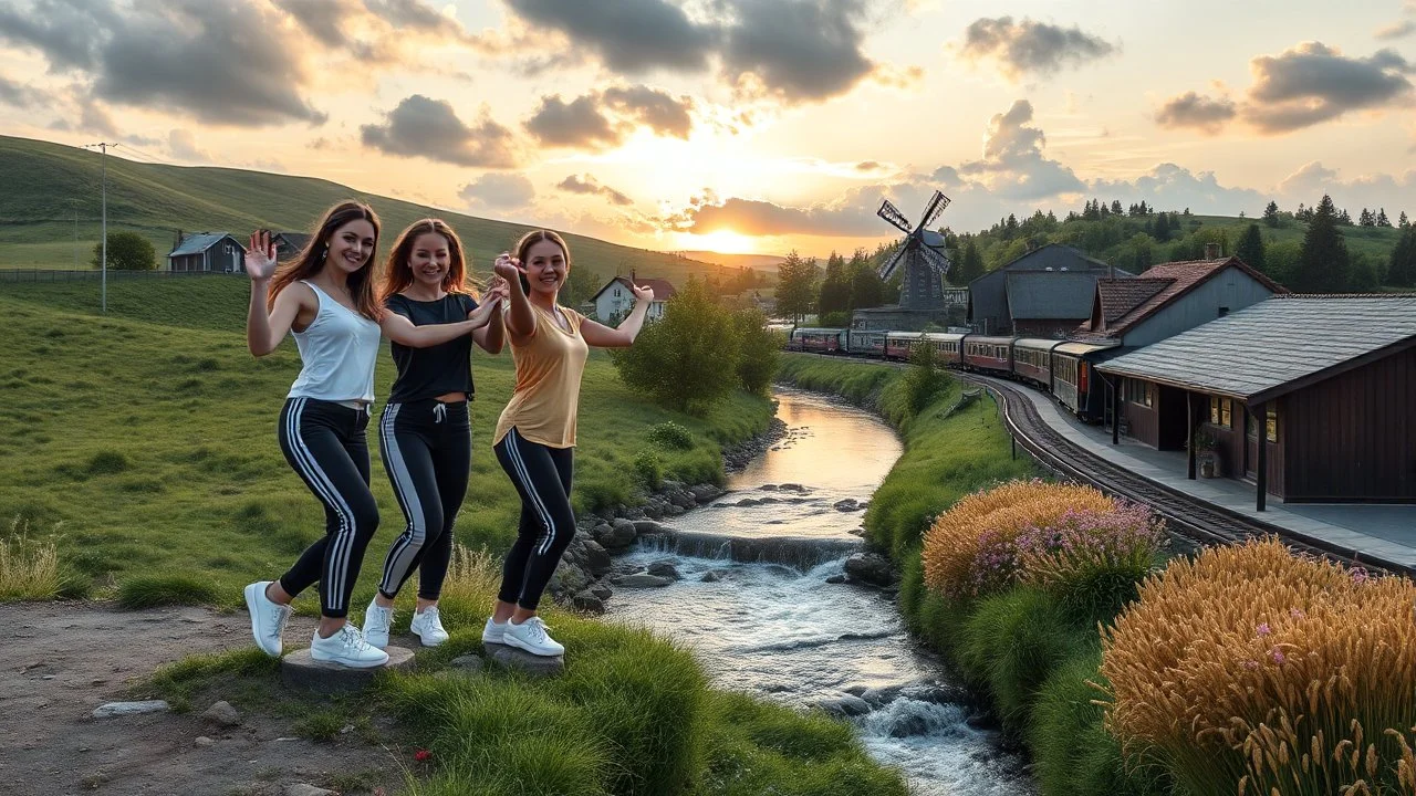 a group of young ladies in sports pants and blouse are dancing to camera in village over high grassy hills,a small fall and river and wild flowers at river sides, trees houses ,next to Ripe wheat ready for harvest farm,windmill ,a pretty train is arriving to station,cloudy sun set sky