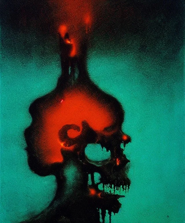 broken skull. black background. smoke and explode. particles in air. teal and orange. abstract. beksinski.