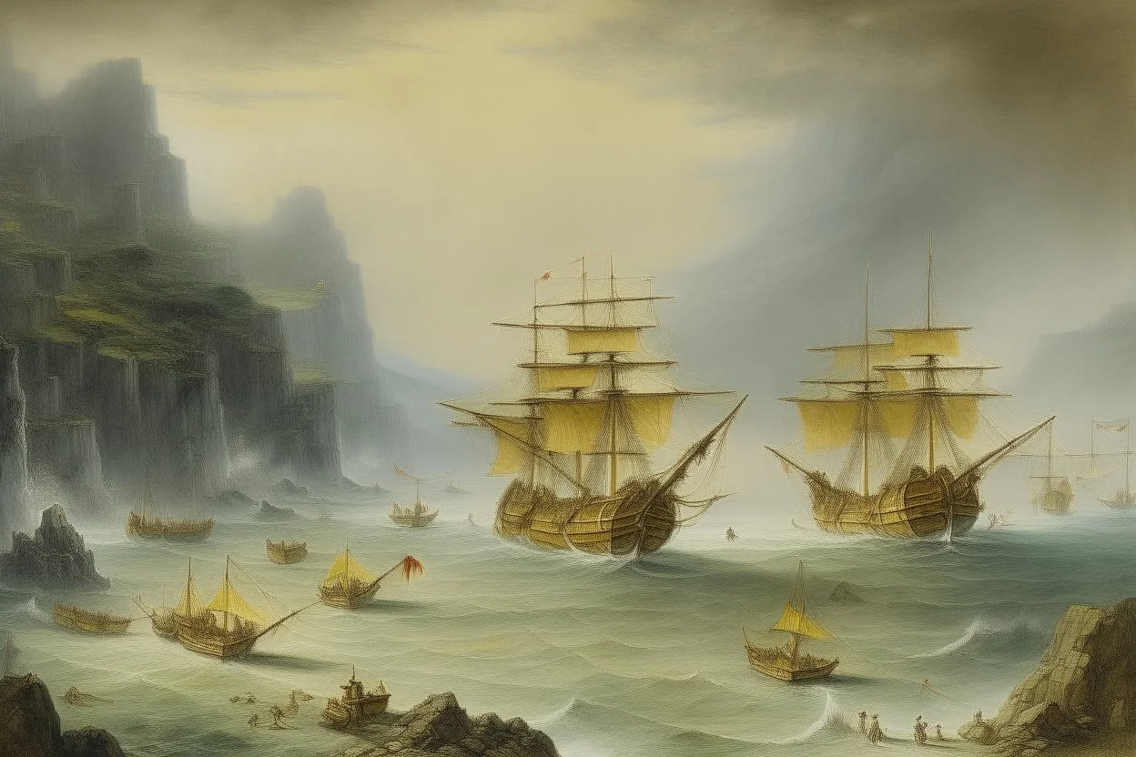 A yellowish white bay with pirate ships in a rainstorm painted by Cai Jia