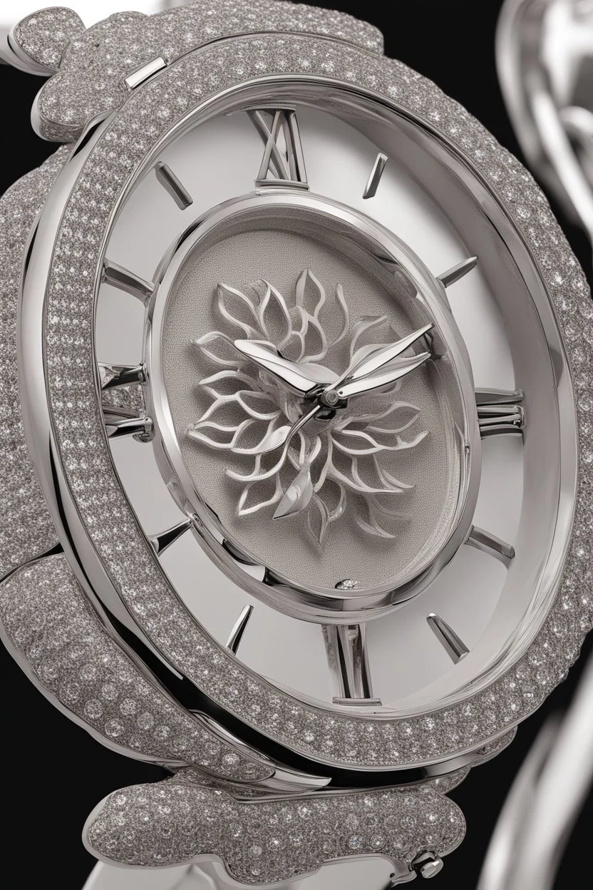 White gold engraved wristwatch Men'scontaining white crystal jewels in the shape of a lily White background