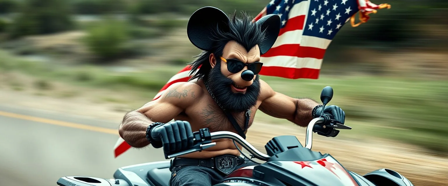 hi speed bad ass cyber punk masculine realistic mickey mouse rambo humanoid with hairy arms and chest, on quad, motion blurred background, holding american flag