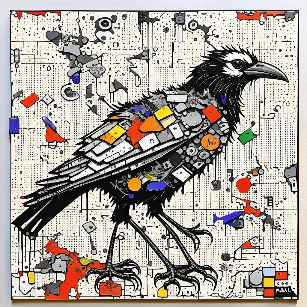 crow made of recycled materials collage art, bottle caps plastic aluminum box tops, splash art, concept art, by Derek Gores, artistic, bar code style.