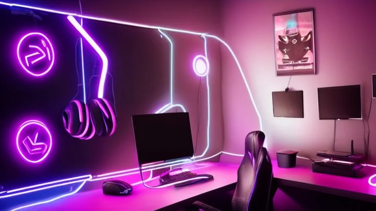 Dark purple and black gaming room with neon lights, gaming chair and PC with RGBs, realistic style, black cat sitting on the chair