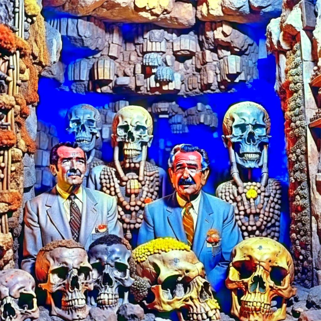 Saddam and George Bush in cave surrounded by skulls in the cave walls