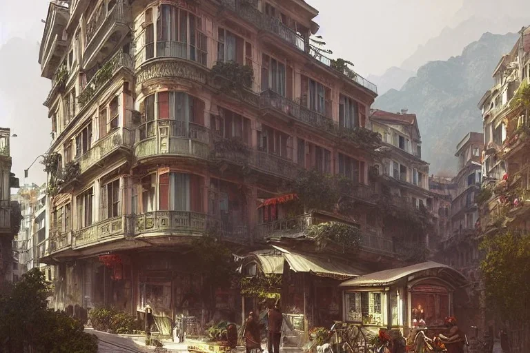 Hanoi train+corner building +A greengrocer in colorful genoa street+Italian medieval town +Italian city sea+alphonse mucha, greg rutkowski,matte painting, cryengine, hyper detailed, felix kelly, fantasy art, seb mckinnon