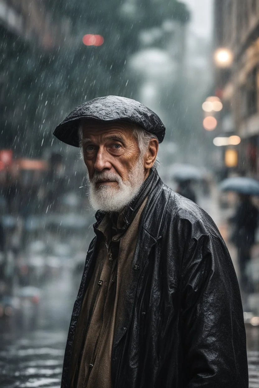 Ultra realistic A photograph of an old man walking in the rain making eye contact with the viewer in a mid-shot view, futuristic style, HOF, captured with professional DSLR camera,64k, ultra detailed,