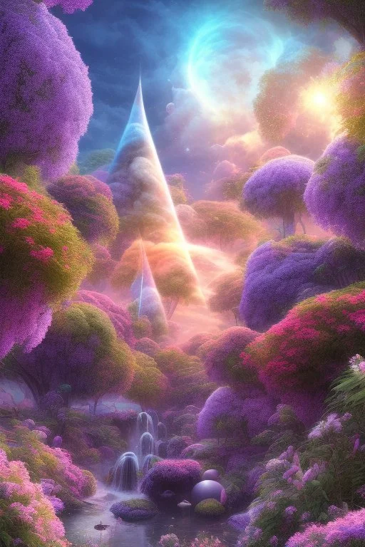 digital illustration, a world full of life divine thrill of biological tranquil sky, flowers, bright color splashes, high detailed 8 k,ufo rainbow