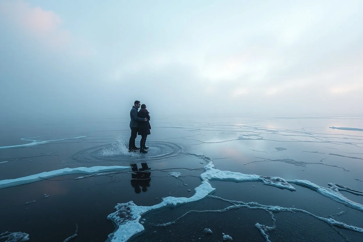 splash screen, alien landscape with a couple , iced lake, fog, cold colors, metallic tones, scifi style, fade colors, utopistic vibe