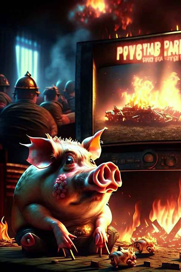 fire font realistic gamer pig watching movie about mushrooms cinema in the background