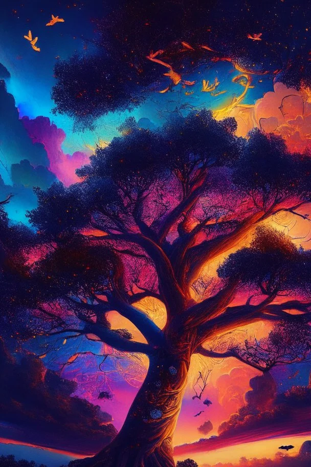 Unforgettable photo of a vibrant Big tree, stretching high above the clouds, its branches adorned with radiant colourful lanterns that lead the way to a hidden realm of celestial vivid spirits. sunset setting, birds and fireflies flying