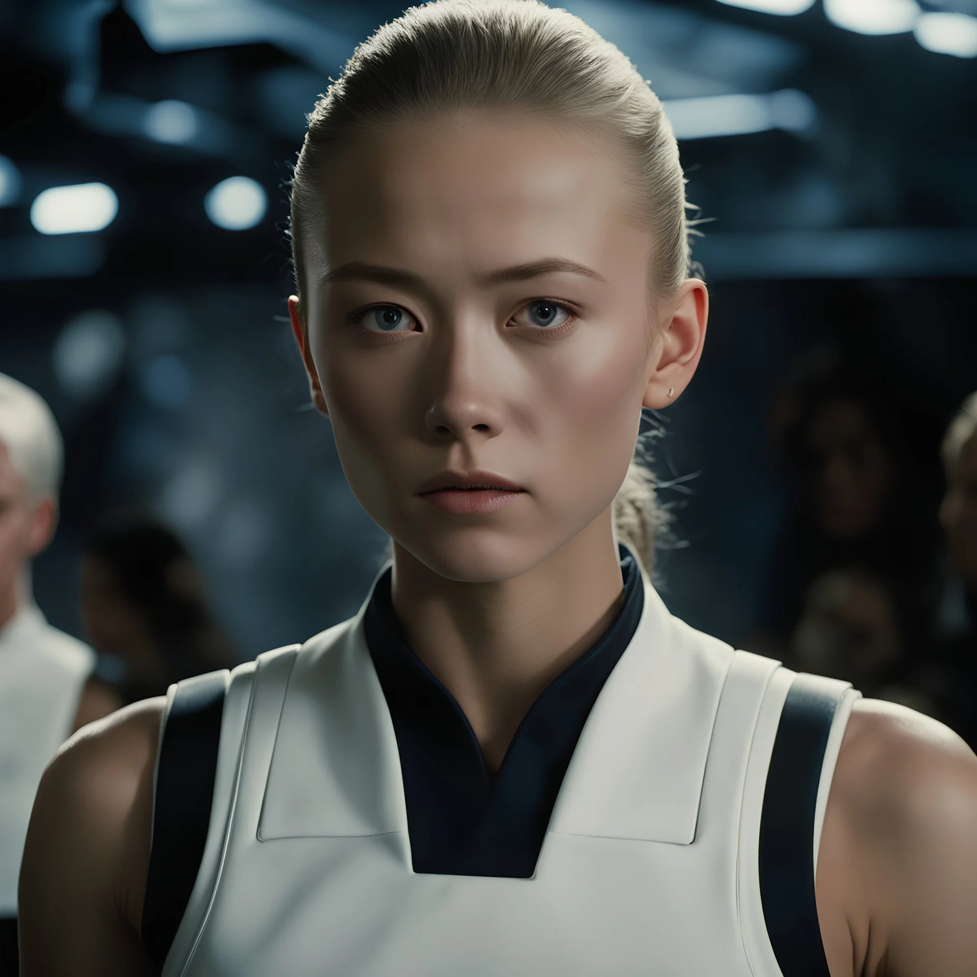 photo raw, movie film still screengrab, 8k uhd, 1982 movie fitgirl, young rose namajunas, sleeveless white naval uniform, sharp focus, complex lighting, award winning, by weta, james cameron