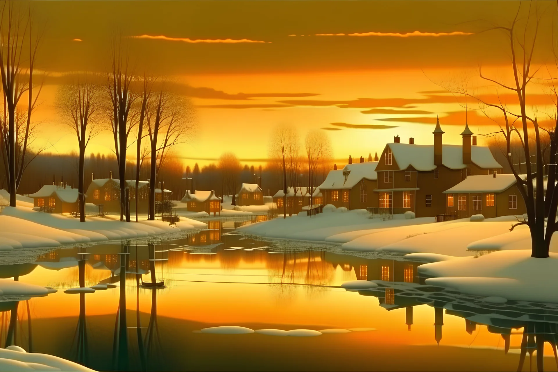 Landscape , winter, lit village, sunrise, lake, snow, bright, cottonwood trees, old buildings, reflections, w , high detail,4k, in style of Henri Rousseau