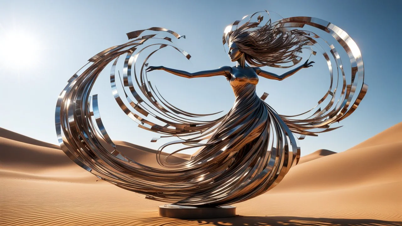 dancing sculpture of a wind-blown lady made of scrap metal and glass in the desert; masterpiece, 8K photo, amazing reflections, wonderful textures, perfect skin, circular swoosh, dynamic, cinematic, dramatic, cam in motion, swirl dynamics, deep low angle, Katsuhiro Otomo style, summer heat, bright tone, sharp shadows, ultra detailed, extremely intricate, immersed in motion
