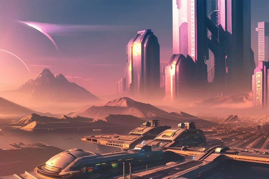 cyberpunk city, sunny day, valley, mountains, sci-fi, epic