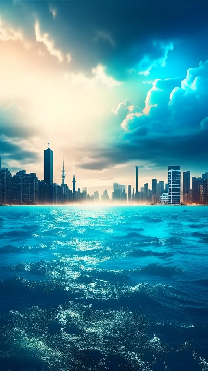 Fantasy world experiencing flood of a big city half covered with water and The sky is clouded with smoke