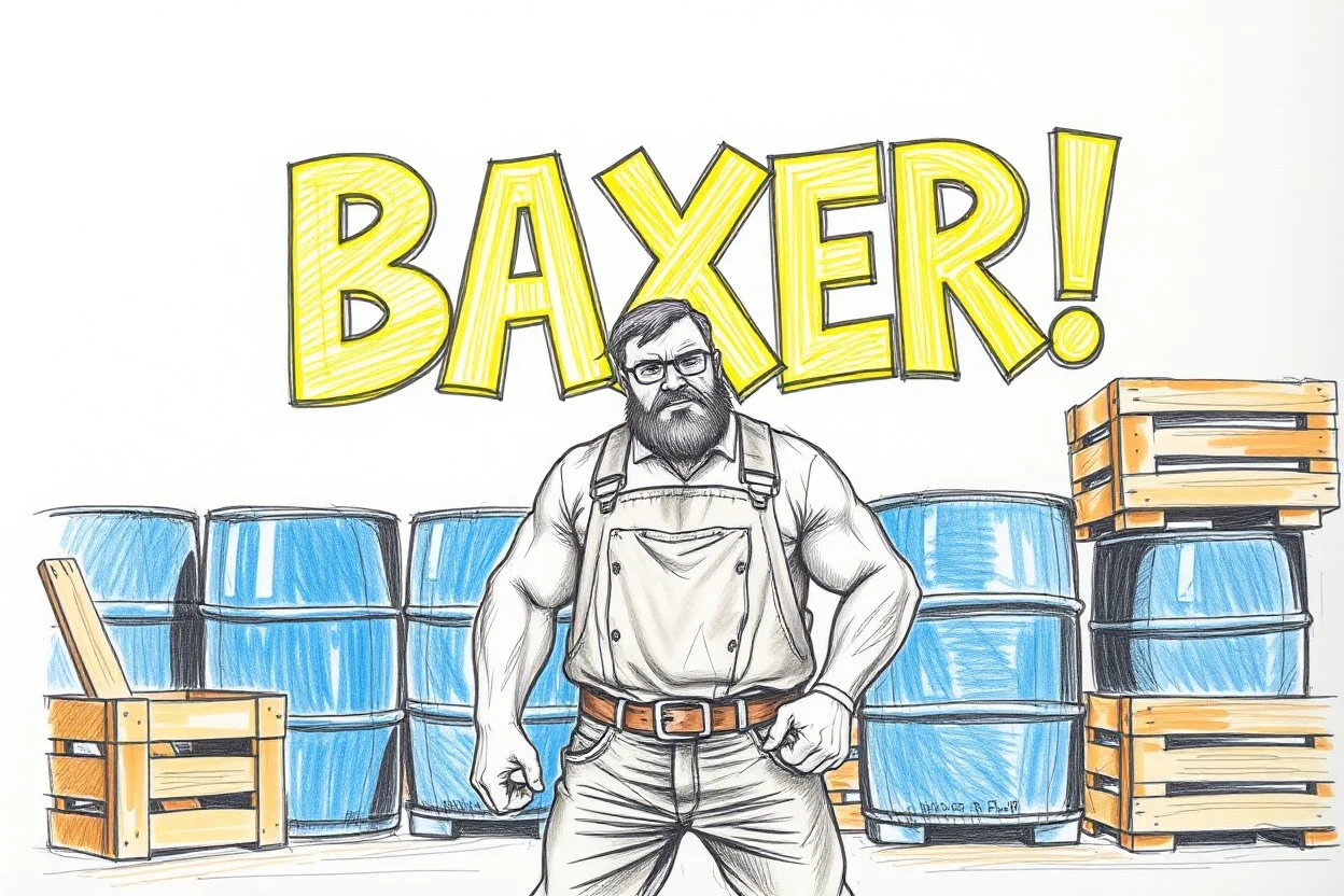 a drawing with sketch lead pencil, The word "BAXER" in yellow floating like a big sign, strong painting, strong expression, BAXER!, BAXER! the word Baxer, WOODEN CRATES AND BLUE BARRELS, A WORKING MAN (no beard and he have glasses) STANDS THERE WITH VERY BIG STRONG MUSCLES and the word BAXER is pulsating