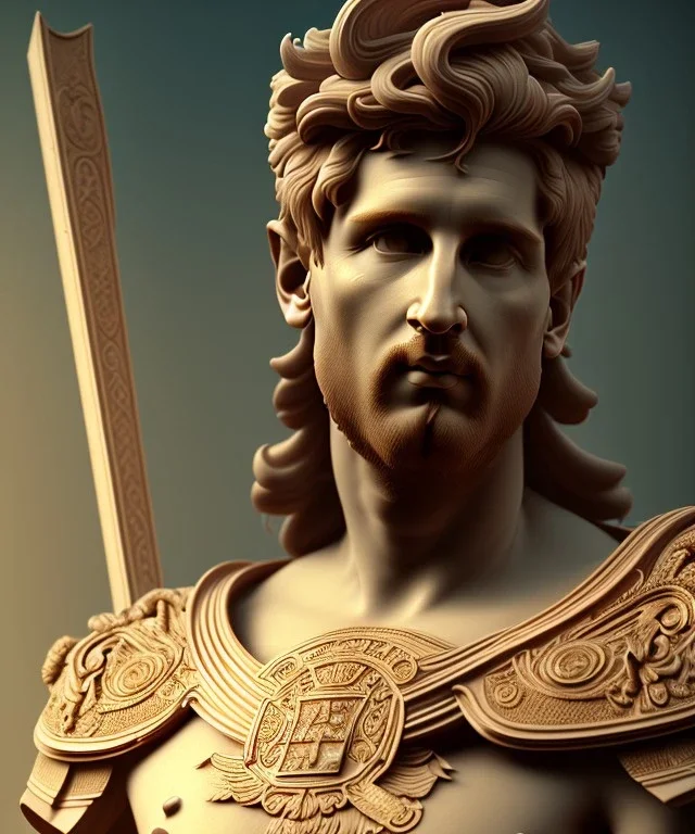 Gran angular, Realistic image, roman sculpture, marble material, Lionel Messi with Laurel wreath model, miguel angel style, emperador, God light, god rays, 4k resolution, perfect details, ornate details, soft lighting, unreal engine 5, soft cyan background.