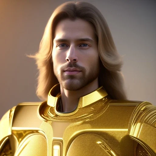 beautiful cosmic golden male, long hair, nice smiling, delicate colors, beautiful glamour galactic golden dress, ultra sharp focus, 8k, unreal engine 5, extremely sharp detail, light effect, soft light atmosphere of a spaceship, smooth, full of details, face in front, complete vision of face and body