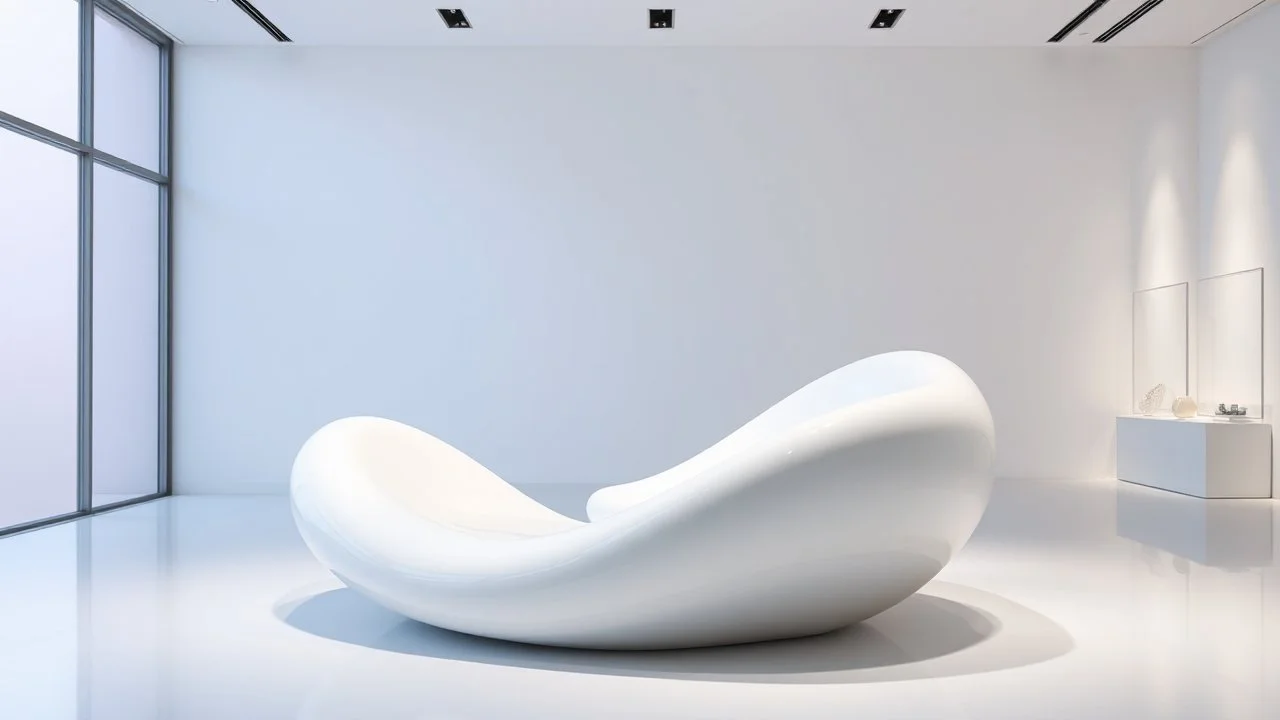 Mueble escultórico tipo sillón lounge de una sola pieza, geometría fluida continua, curvas orgánicas blancas brillantes, sin ángulos rectos, apariencia de superficie moldeada por viento, interior minimalista de galería, iluminación suave difusa, estética de arquitectura paramétrica de alta gama