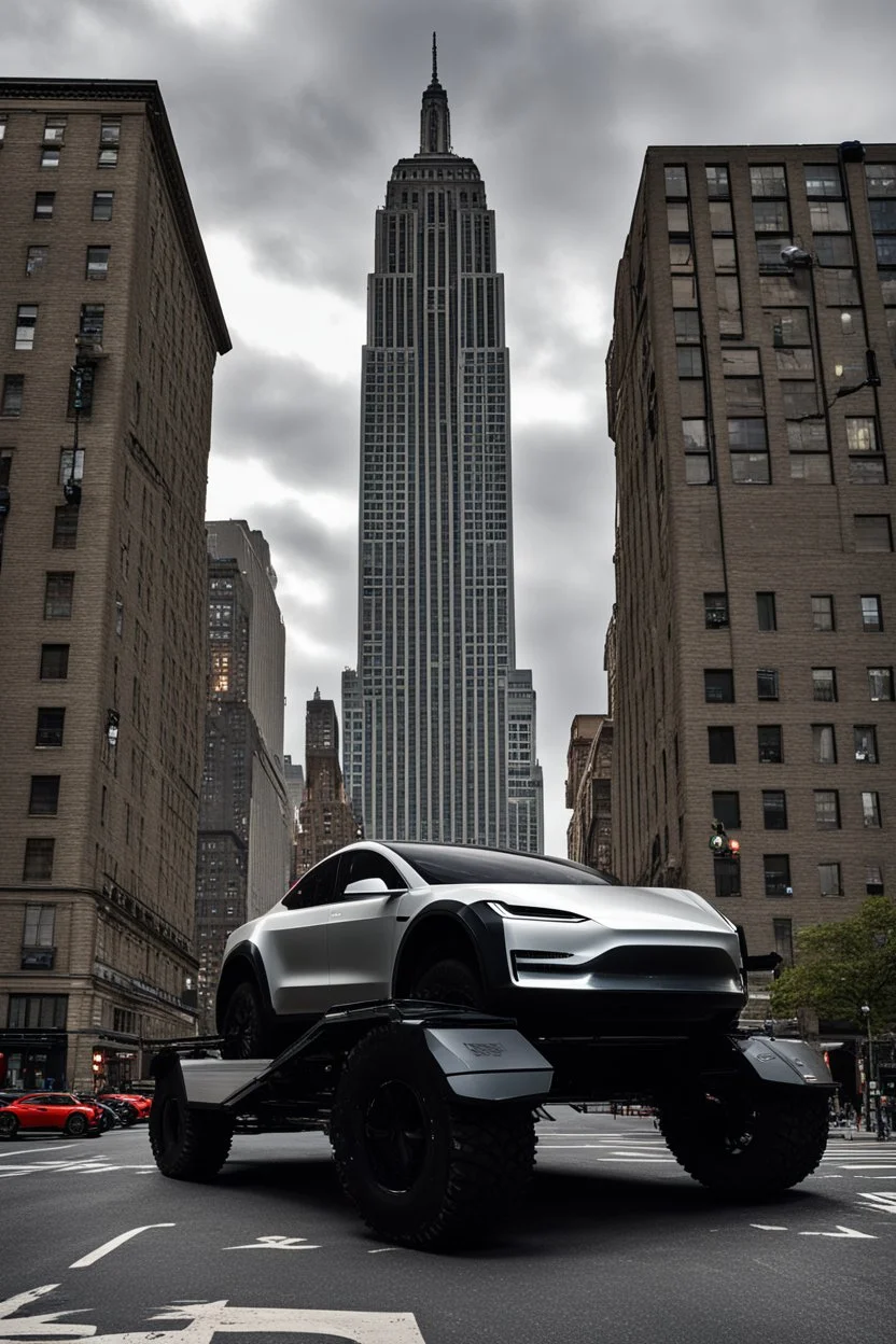 A Tesla's 'Cybertruck' is parked, near the "Empire State Building' in New York. CINEMATIC. WIDE ANGLE LENS. PHOTO REAL.