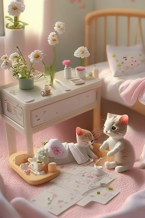 Sylvanian family cat and kitten hospital, hospital furniture, charts on beds, flowers in a vase on a table next to a bed