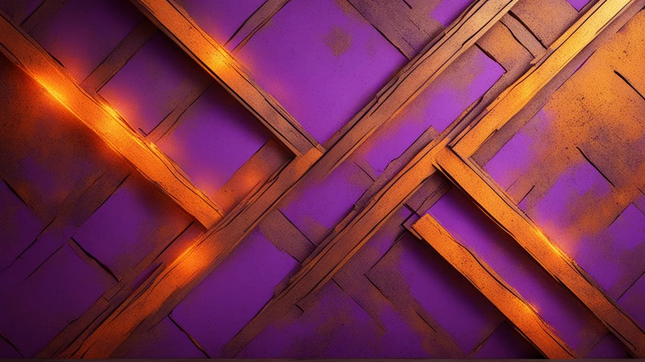 Hyper Realistic Glowing-Golden-Diagonal-Intersecting-Lines on rustic-orange-&-purple-rustic-wall with embers