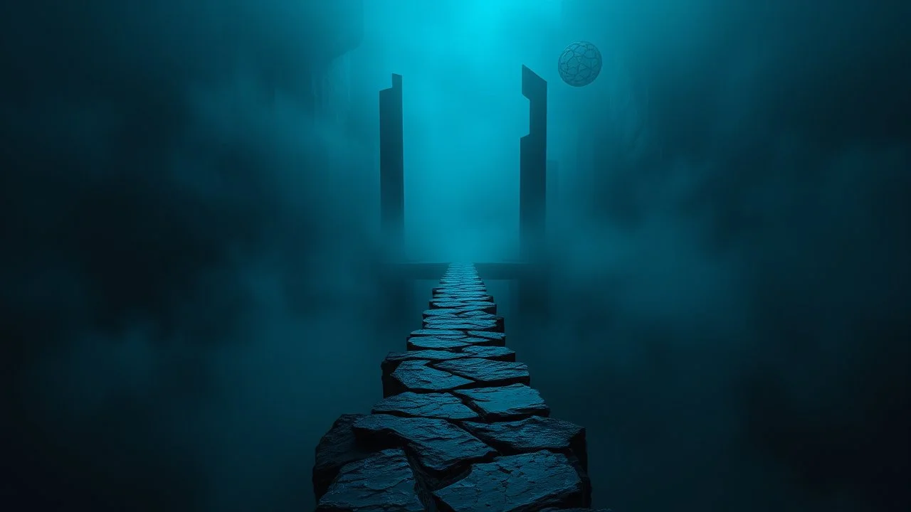 A surreal, dark and cold abstract artwork dominated by deep blue, icy cyan, charcoal black and muted steel-grey tones. An thin narrow passageway emerges from an abstract distorted weird landscape, surrounded by thick atmospheric fog and drifting mist. The space feels dreamlike, alien and unsettling, with fragmented floating geometric forms, black onix architectural fragments and unnatural perspectives. At the center of the composition visible cracked stone way over abyss