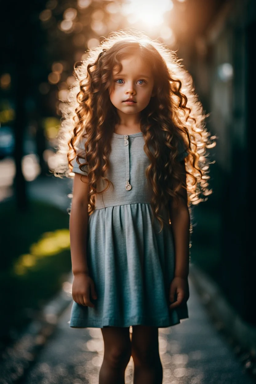 little girl, beautiful face , long curly hair, that is standing on a sidewalk, , trending on unsplash, viennese actionism, anamorphic lens flare, dynamic pose, shallow depth of field, dreamlike, nature-inspired, romantic, whimsical, fantasy art,