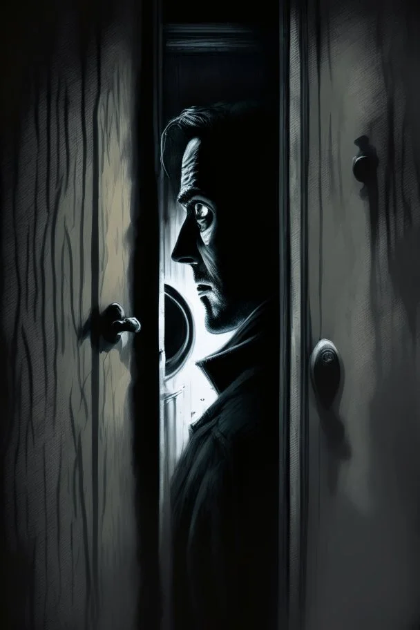 The man standing on the other side of the door, looking through the peephole with a suspicious expression on his face, modifiers: dark, Moody, shadowy, Low angle, film noir, Highly detailed, Digital painting, Artstation, Sharp focus, contrast, Contrasting colors, mystery, suspenseful, thriller, Expressionism, trending on deviantart, art by jock and sean phillips.