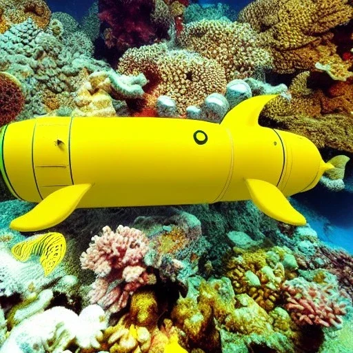 mix between nautilus submarine and yellow submarine in seabed