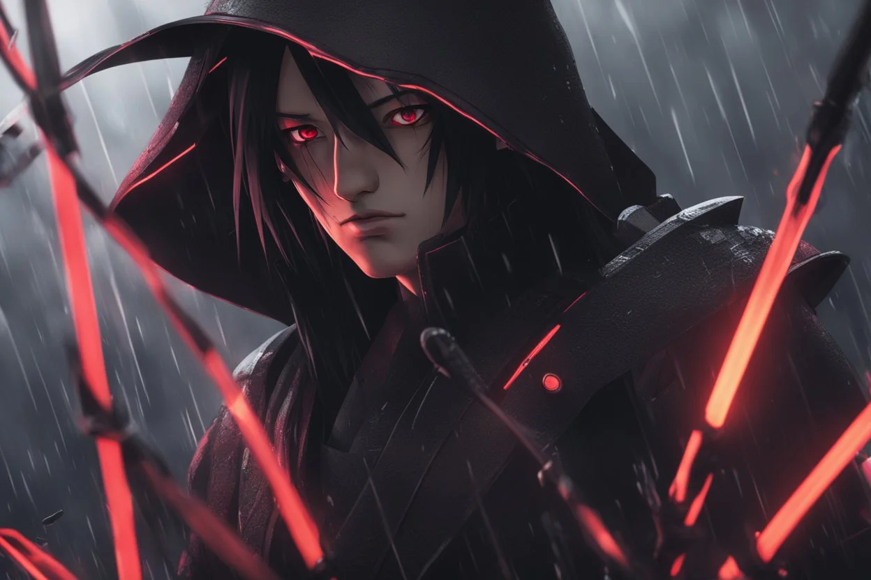 Itachi Uchiha in 8k nier automata artstyle, Uchiha Custom, neon effect, close picture, rain, fantasy world, intricate details, highly detailed, high details, detailed portrait, masterpiece,ultra detailed, ultra quality