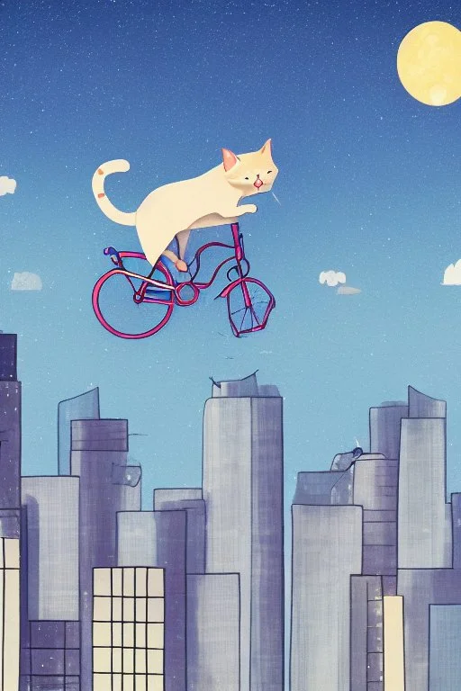 A pedaling cat riding a bicycle is flying at night in the sky over tall buildings.