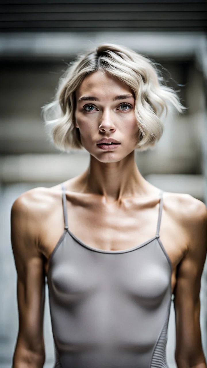 beautiful asian anorexic woman, total shot, short silver triathlon swimsuit, short blond wavy bob hair, blurred concrete background