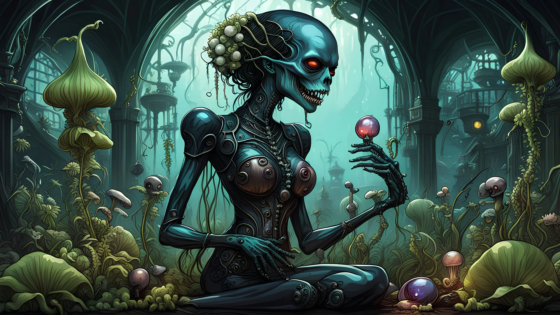 A gritty, full-body shot of an insatiably evil black opal iridescent pearlescent dark steampunk zombie alien female tending her garden of carnivorous plants made of glass and bone in a surreal landscape, with sharp ivory teeth, macabre, Dariusz Zawadzki art style, liminal spaces, horror art, dark gaming background, wet, glossy, horror art, trypophobia, eerie, intricate details, HDR, beautifully shot, hyperrealistic, sharp focus, back lit, 64 megapixels, perfect composition, high contrast