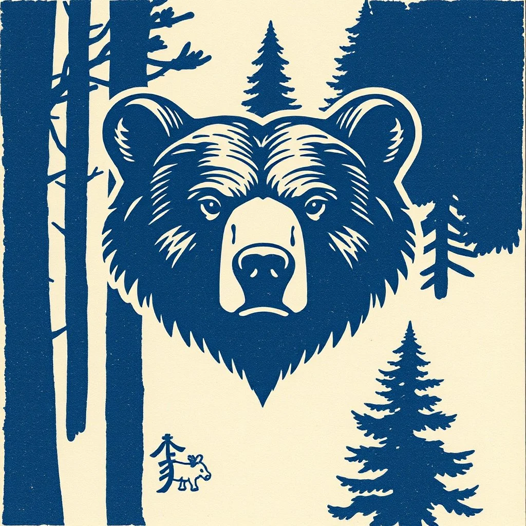 M shaped bear head combined with woods silhouette in backround, letterpress style block print with indigo ink on creamy paper texture, strong contrast