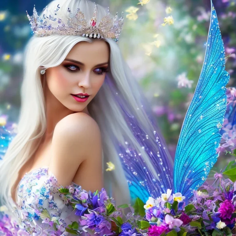 Fantasy fairy with transparent wings, smiling, make up, long platinum blond hair with crown and flowers, blue dress, flowering background