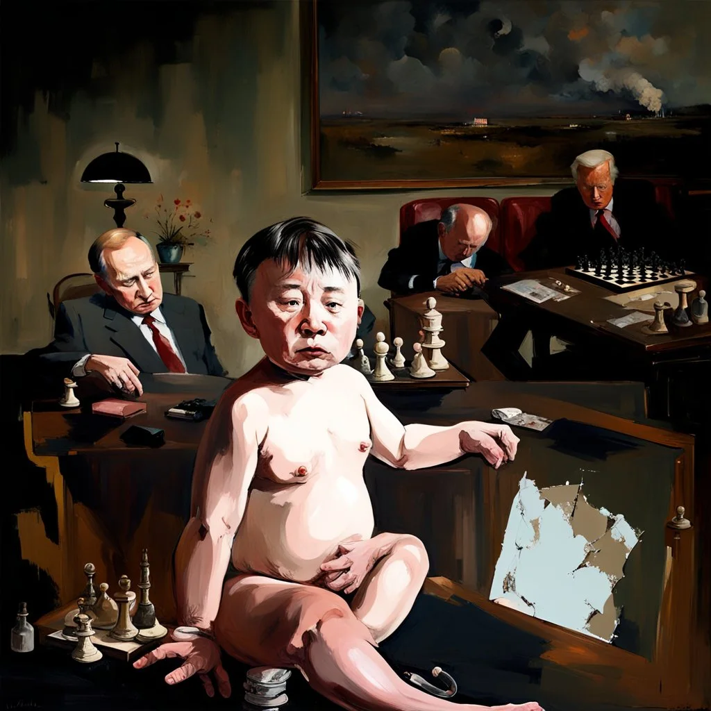 Putin, President Xi Of China And Joe Biden Play Chess With Atomic Bomb Mushroom Cloud,Complex Surgical Instruments Intermixed With A Newborn Boy,Minimalism,Painting By Adrian Ghenie,Rene Magritte,Pablo Picasso,Michelangelo,Salvador Dali,Lucian Freud