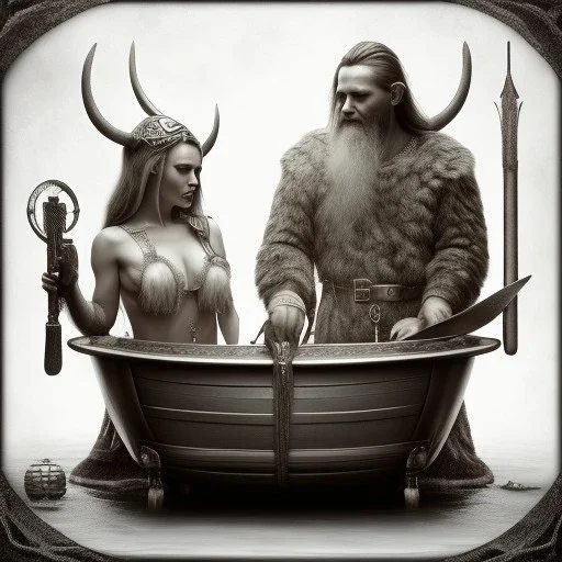 A viking and his wive having a bath, scary, steam punk, realistic, made in octane, cinematic, ultra-realistic, extremely detailed octane rendering, 8K, VRAY Super Real ar 2:3, dof photorealistic futuristic 50mm lens hard lighting dark gray tintype photograph, realistic lighting, sepia color