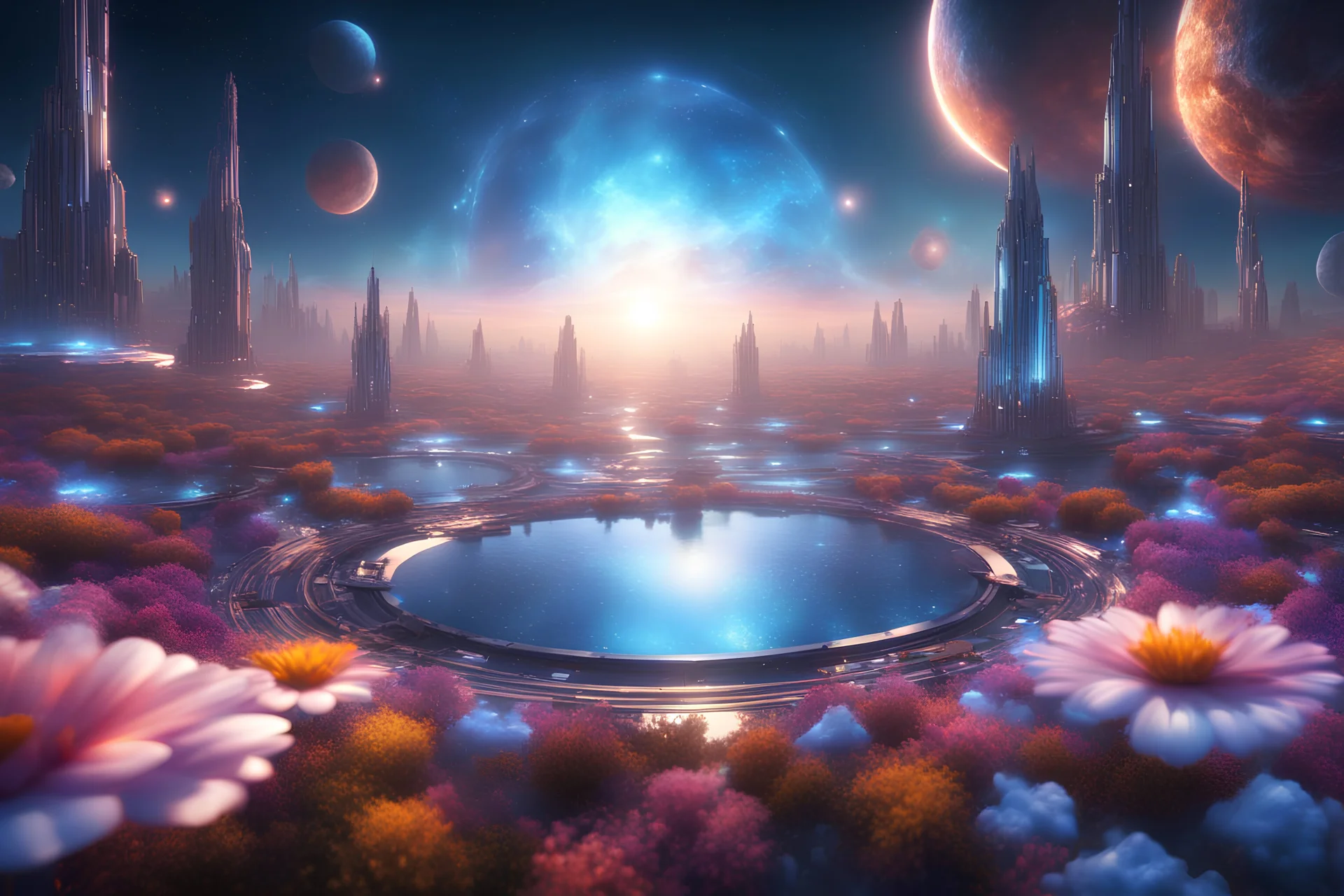 beautiful cosmic ambience galactic orbital stations cosmic city, pure harmony, soft blue, galactic, magic, sunrise, transcendent, divine, warm look, fantastic magical colors flowers background, ultra sharp focus, ultra high definition, 8k, unreal engine5background, colored lake, ultra sharp focus, ultra high
