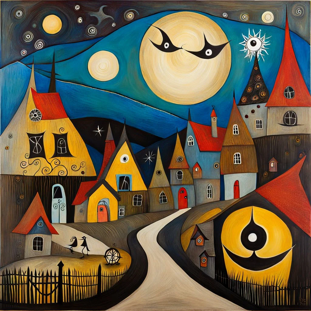 Folk art painting, Nightmare before Christmas, village, Max Ernst, neutral natural colors, mixed media