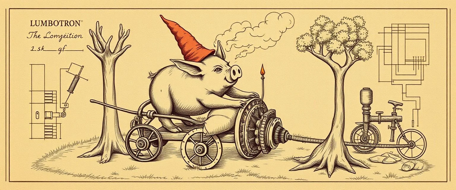 medieval clerical drawing ,put a tree crying oink the picture ok? we see a pig in action chopping down trees with the lumbotron, isometric blueprint of hi tech metal gear Gnome invention, winning prize at gnome convention, The Lumb-O-Tron A jury-rigged combination of a cart, pulley system, and an axe designed to chop down trees. The motion is powered by {a yoga pig in a wheel treadmill spurred by a carrot on a stick | a crude stationary bicycle | a tiny steam engine heated by a red pseudodragon