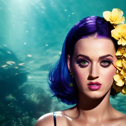 Katy Perry underwater with yellow flowers for hair, closed eyes, rtx, reflection, 8k, glow, winning photography, caustics